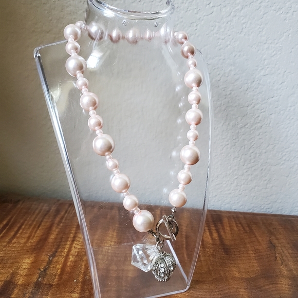 "MFIL / Parisian Style" Pink Bead Pave Crown Crystal Necklace - Picture 3 of 3